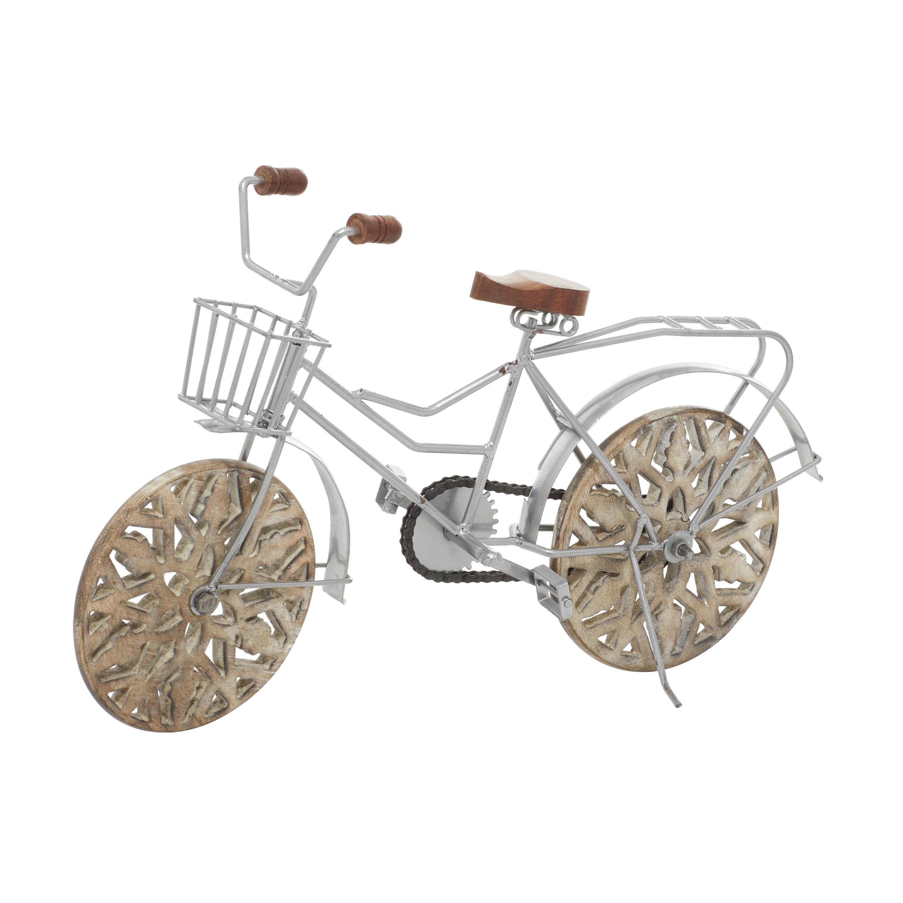 19" x 12" Brown Metal Bike Sculpture with Carved Wood Wheels, by DecMode