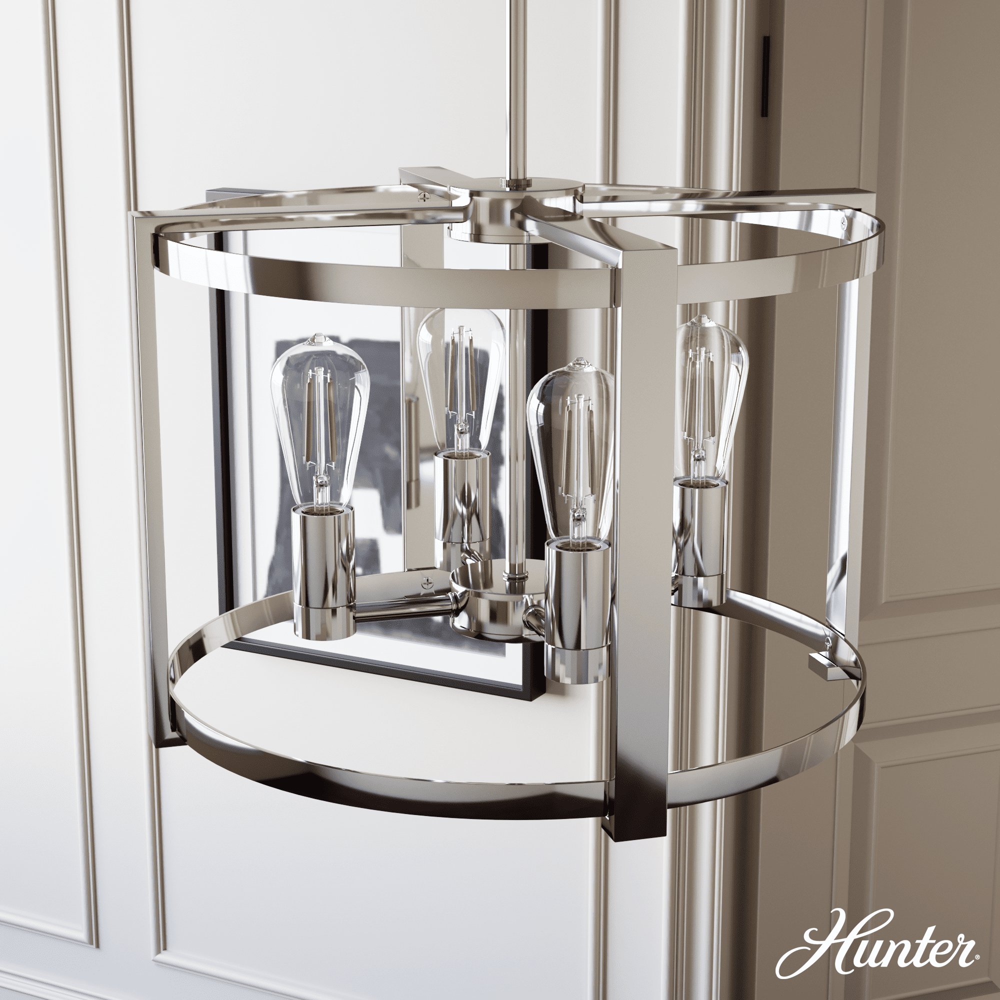 Hunter - Astwood 4-light Polished Nickel, Medium Size Chandelier, Dimmable, Caged Style, Drum Shaped, for Bedrooms, Kitchens, Dining, Living Rooms - 19957