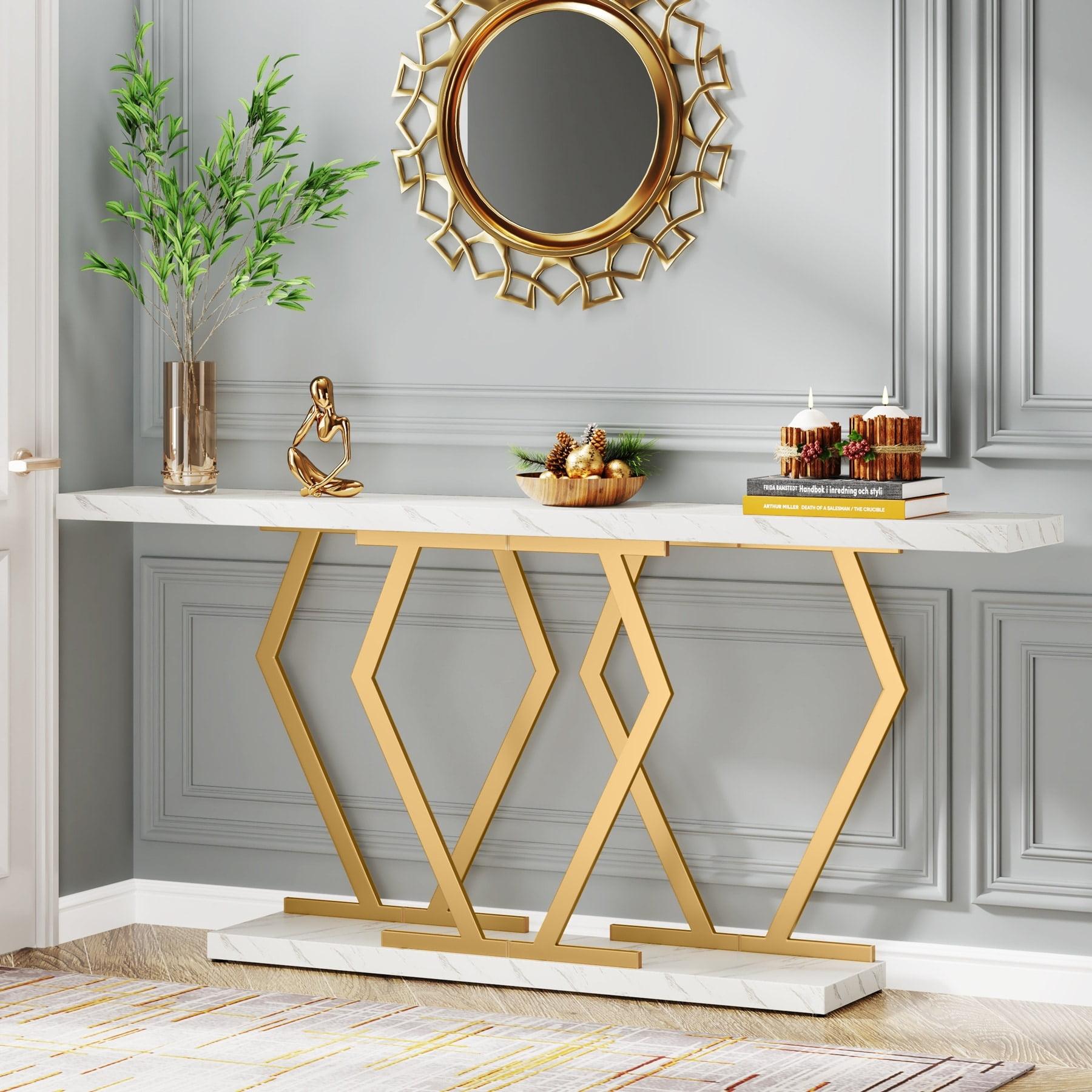 Tribesigns 70.9 Inch Extra Long Sofa Table, Modern Console Table with Faux Marble Tabletop, Long Entryway Table for Entrance, Gold and White