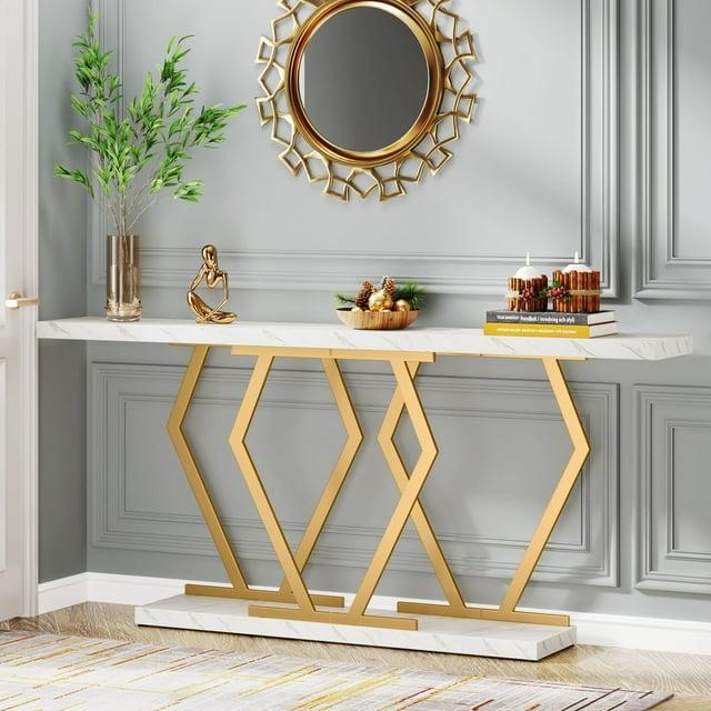 Tribesigns 70.9 Inch Extra Long Sofa Table, Modern Console Table with Faux Marble Tabletop, Long Entryway Table for Entrance, Gold and White