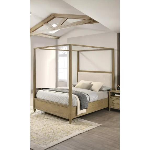 1Pc Light Brown Queen Canopy Platform Upholstery Bed Rustic Finish Luxurious Bedroom Furniture