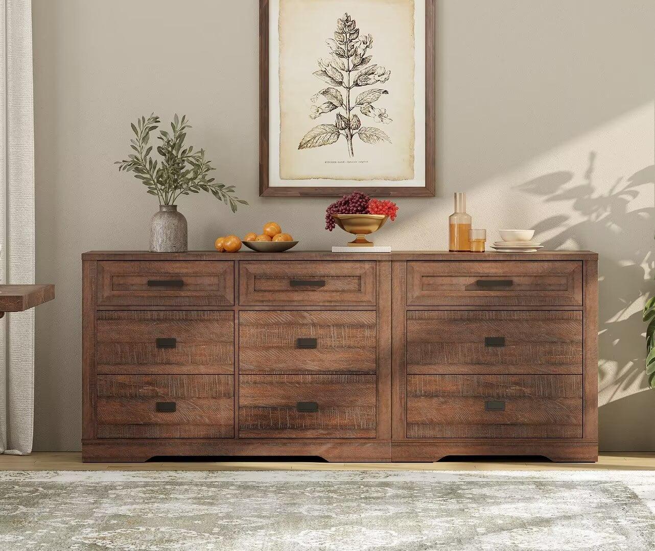 Latitude Run® 2 In 1 Dresser With 9 Drawers For Bedroom, Wooden Dressers With Small Chest Of Drawers, Mid Century Modern Dresser With Metal Handles For Liviing Room, Hallway,