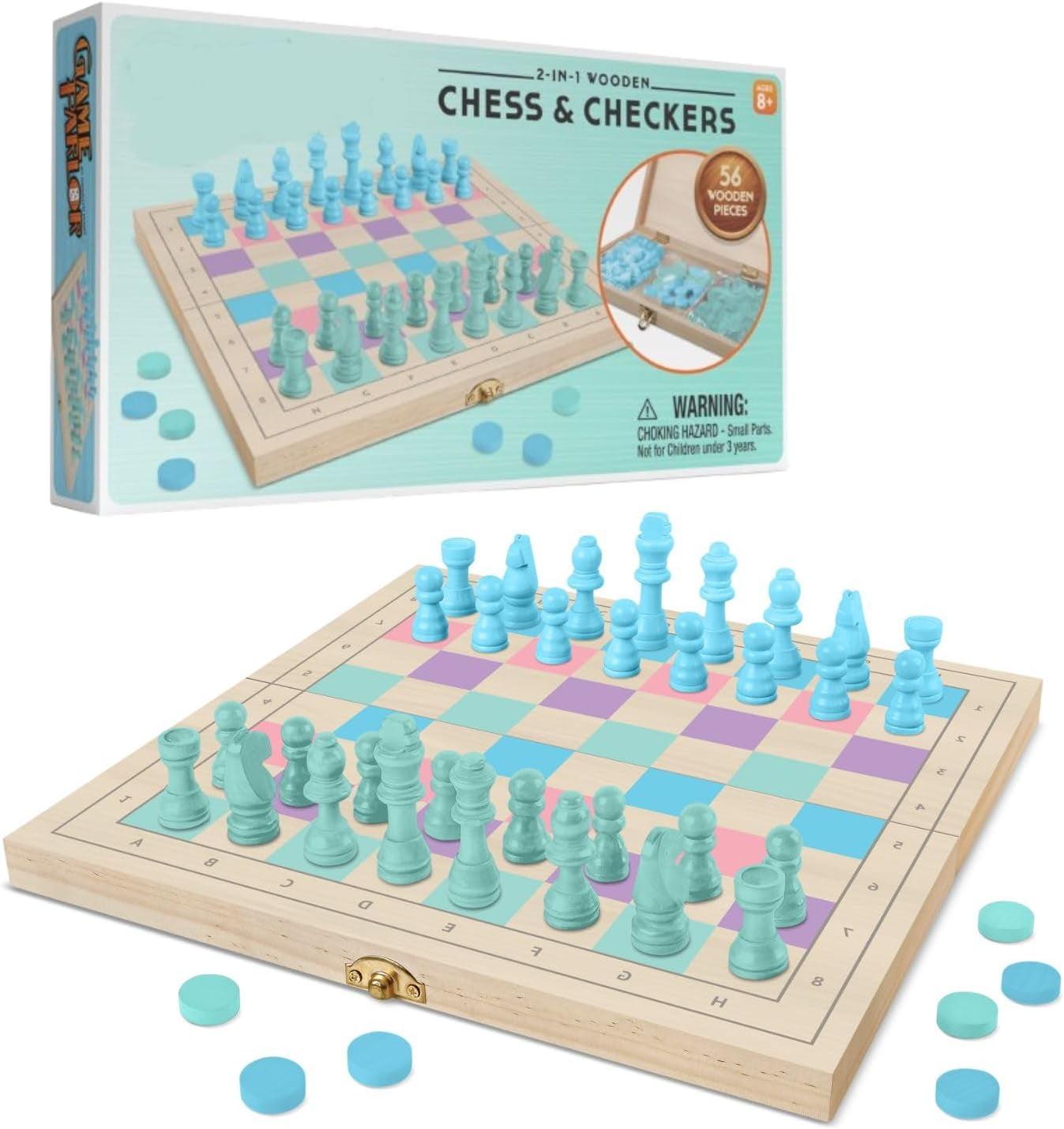2 in 1 Wooden Chess and Checkers Set - Chess Set for Kids – Portable 11” x 11” Game Board Folds As Storage Case - Chess Checker Set - Childrens Chess Sets for Beginners - Chess Board for Kids