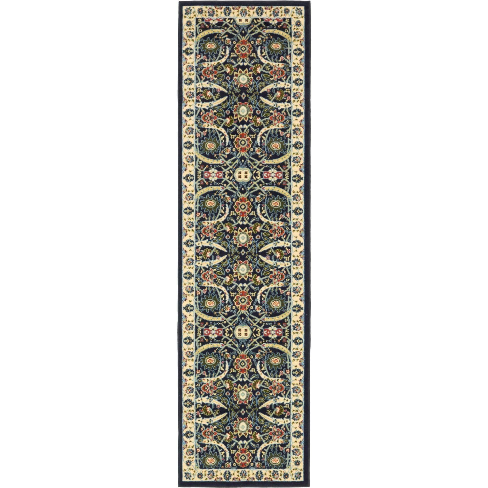 Navy Blue and Beige Floral Synthetic Runner Rug