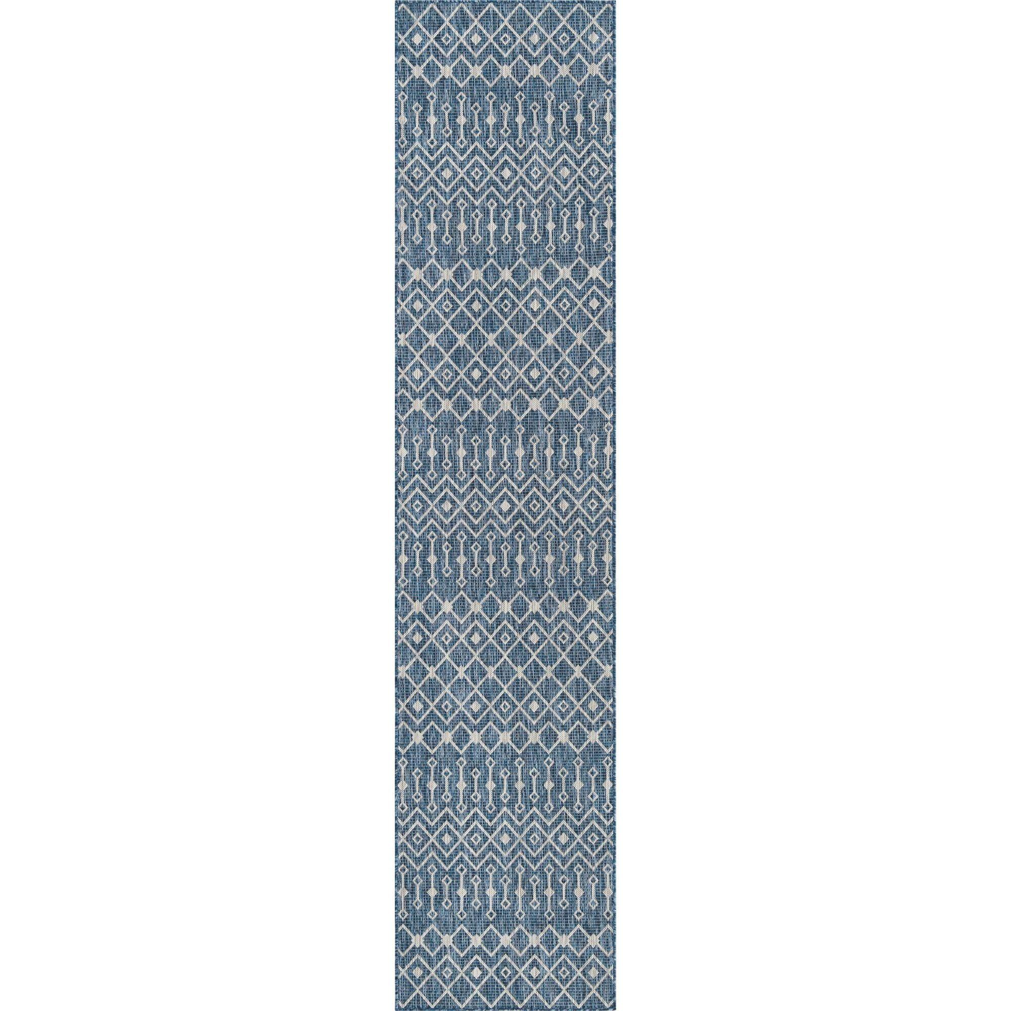 Blue Synthetic Trellis Flat Woven Outdoor Runner Rug