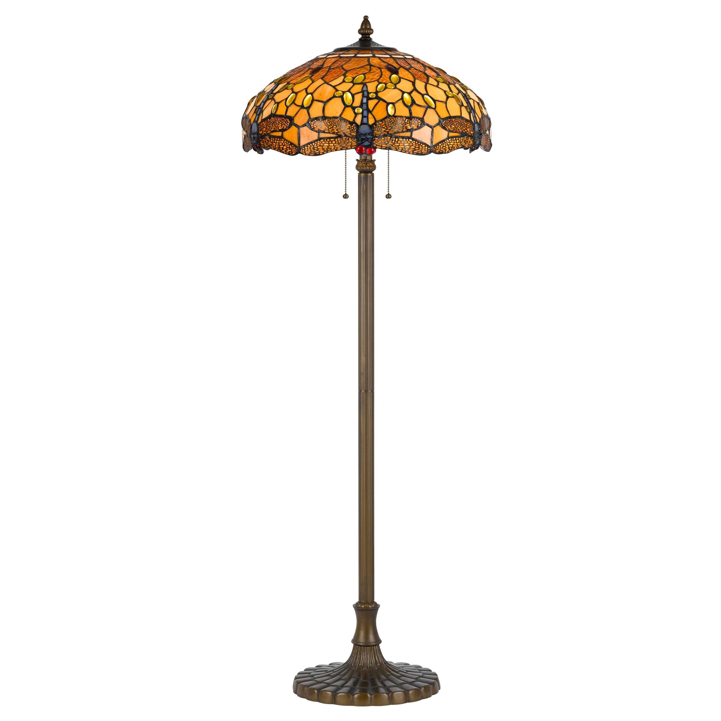 60" Bronze Tiffany Floor Lamp with Multicolor Dragonfly Shade