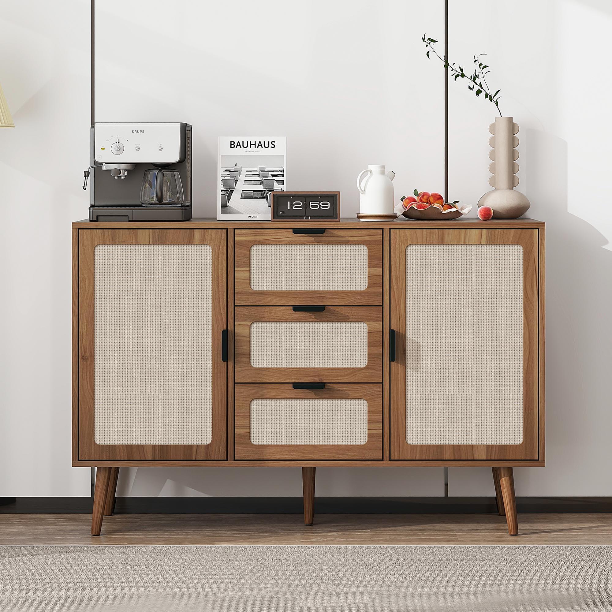 Walnut and Beige 2 Door 3 Drawer Accent Storage Cabinet