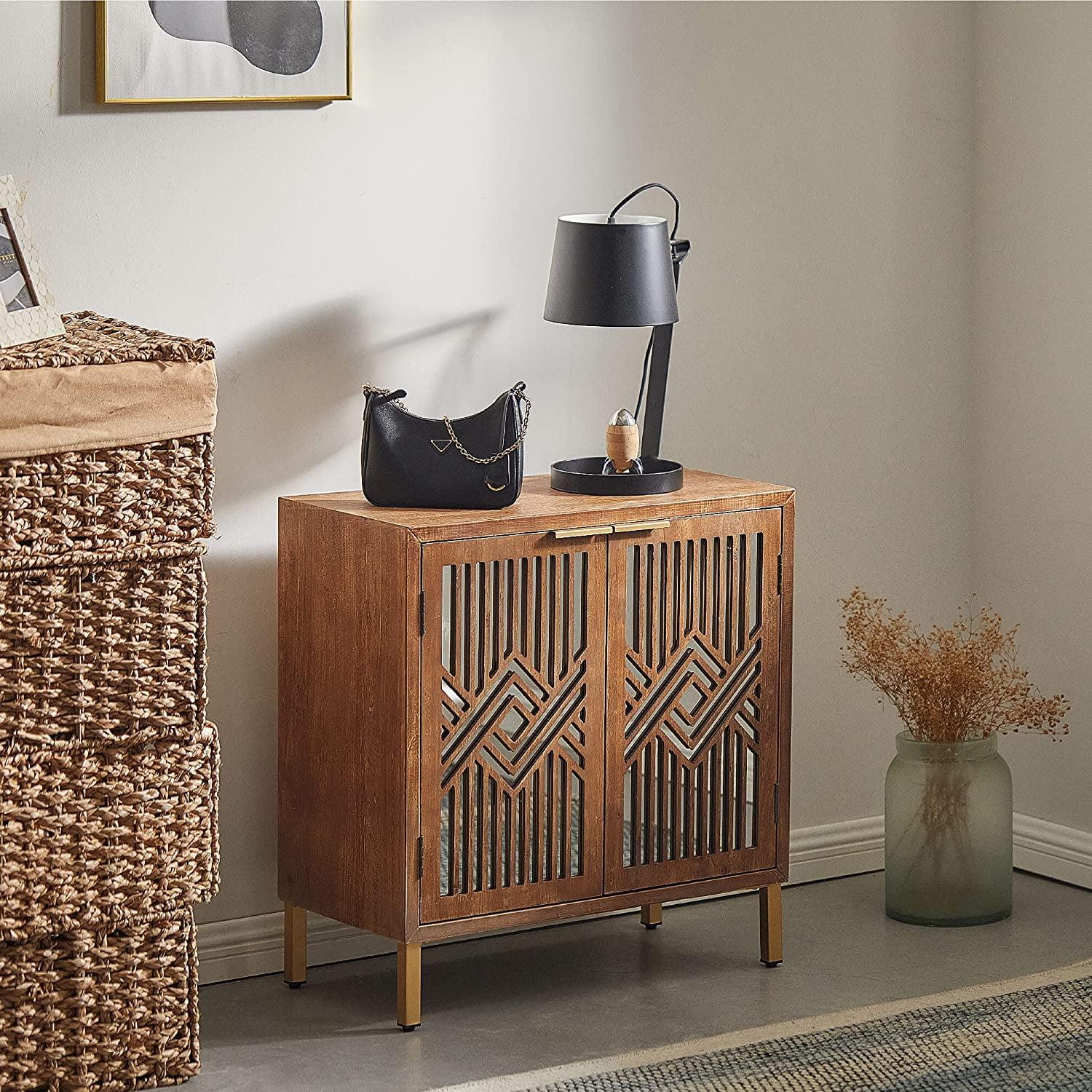 Brown Wood and Mirror 2-Door Accent Cabinet with Geometric Overlays