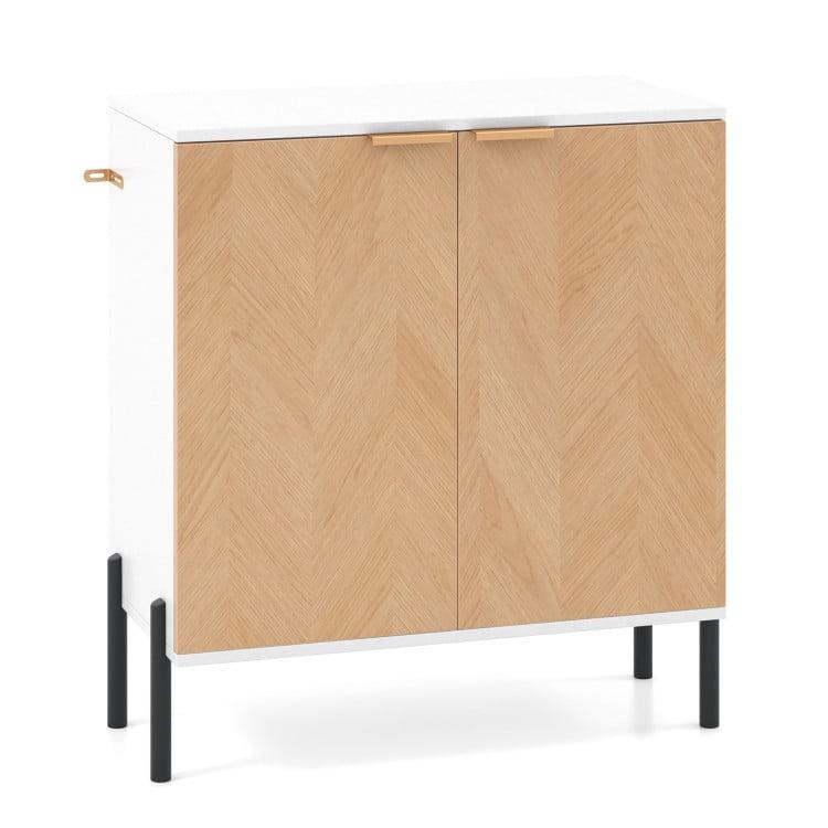 White and Natural Wood 2-Door Buffet Cabinet with Metal Legs