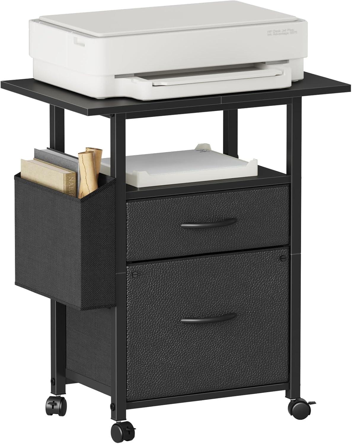 2 Drawer File Cabinet with 24'' Extended Desktop, Mobile Filing Cabinet, Rolling File Cabinet with Side Bag, Fabric Drawer, Fits Size, Home Office, Black