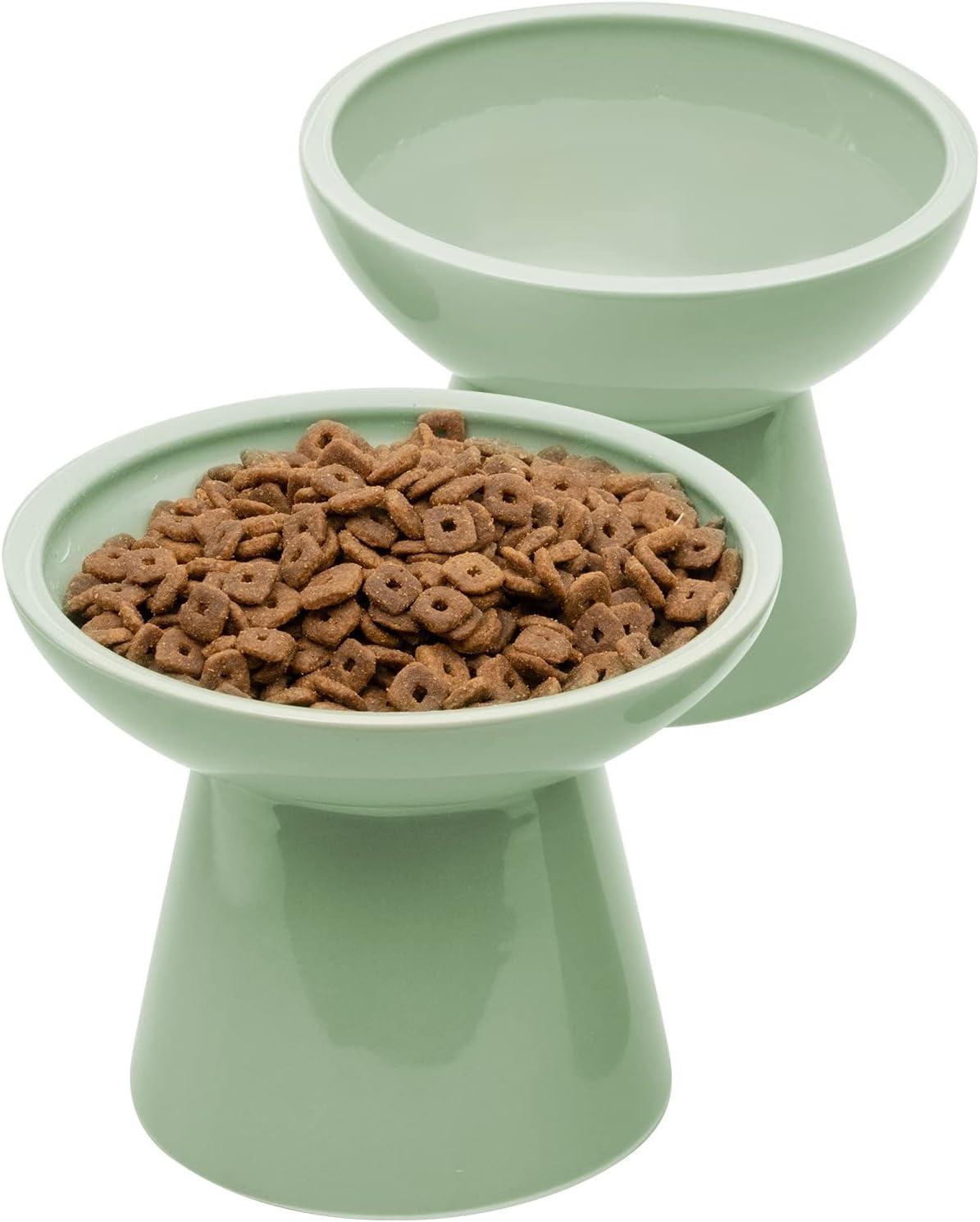 Sage Green Ceramic Elevated Cat Food and Water Bowls