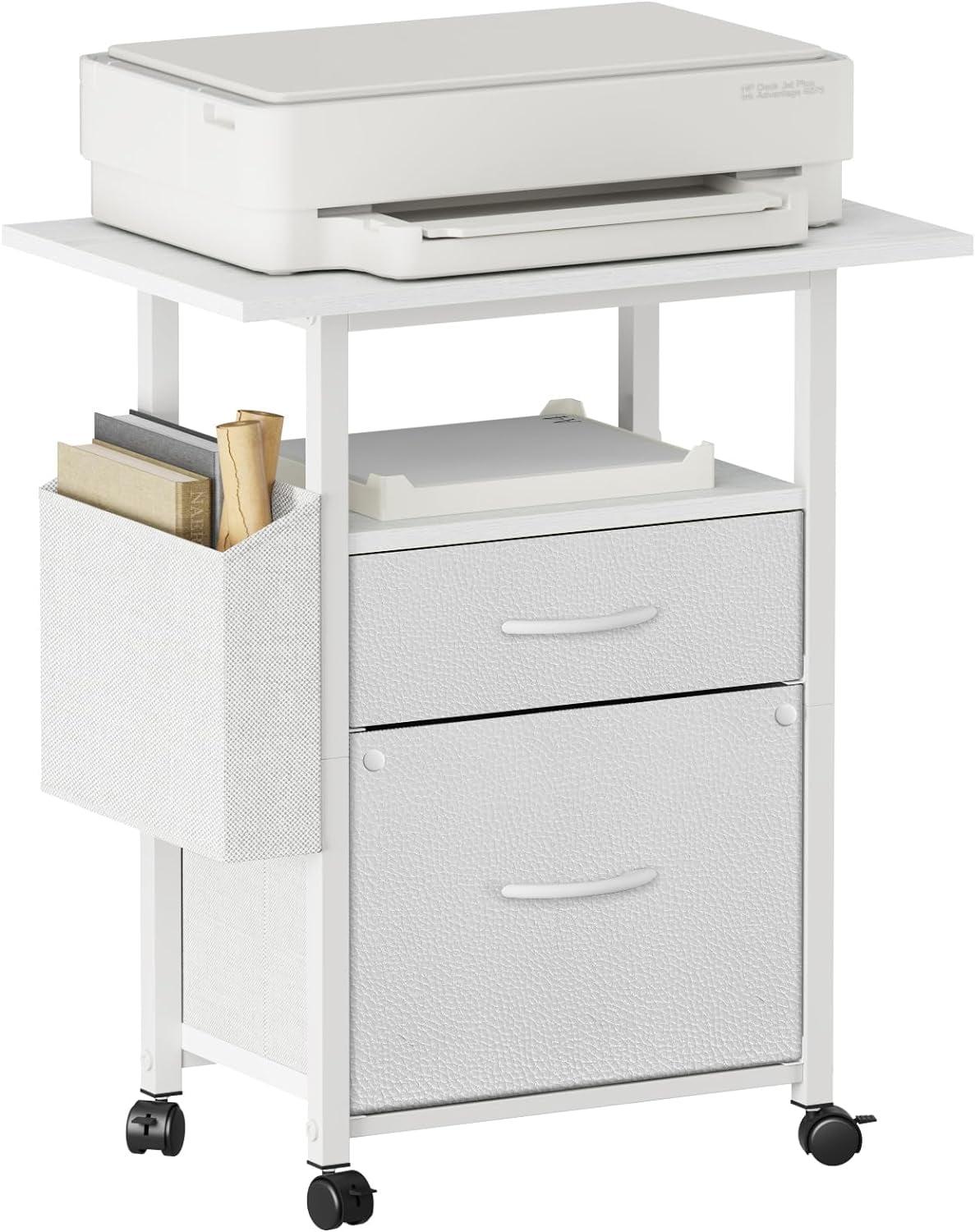 White Mobile Filing Cabinet with 2 Fabric Drawers and Side Bag