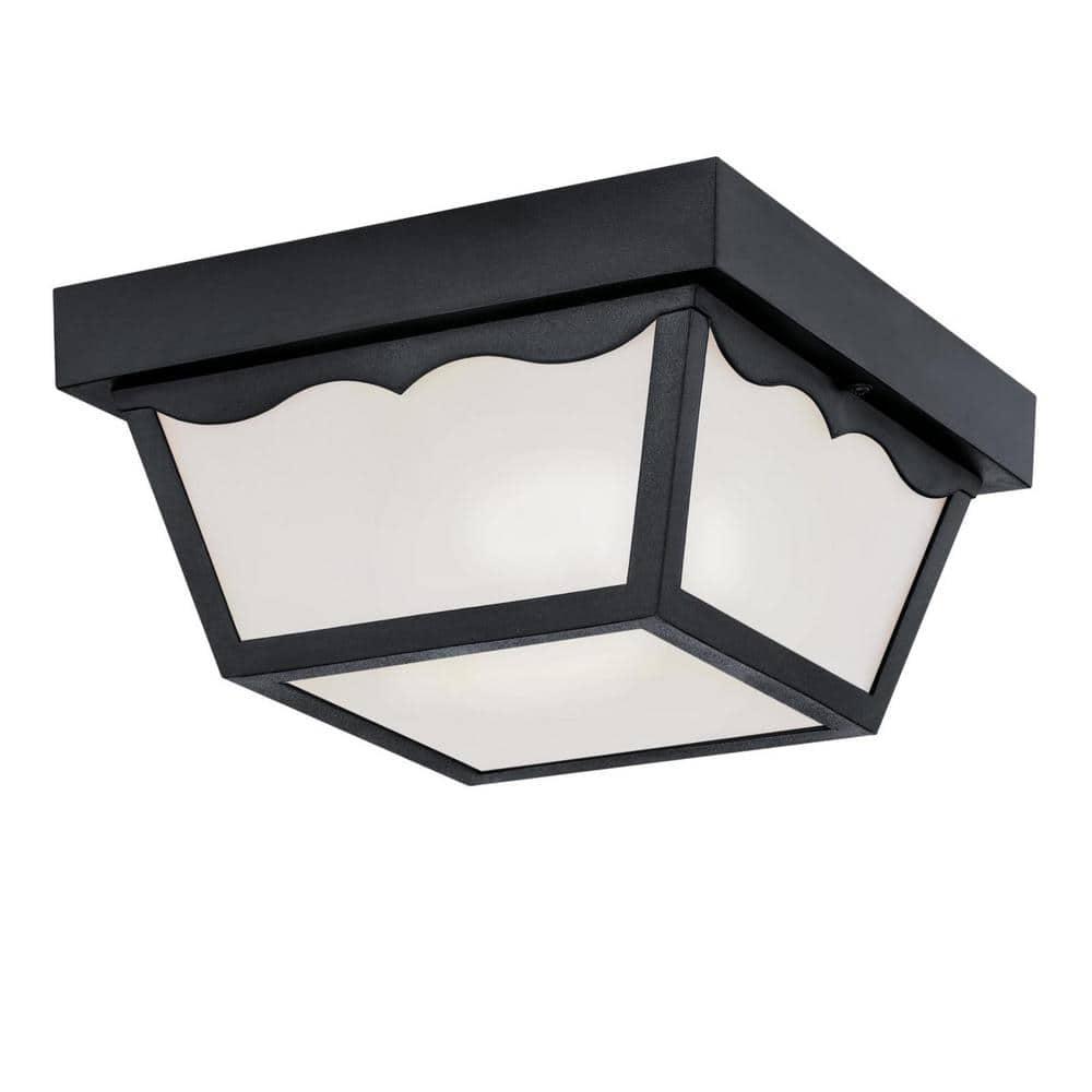 Black Textured Glass 2-Light Outdoor Flush Mount Ceiling Light