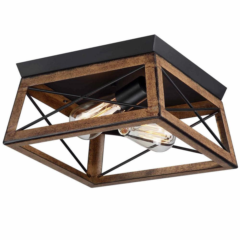 Matte Black and Barnwood 2-Light Farmhouse Flush Mount Ceiling Light