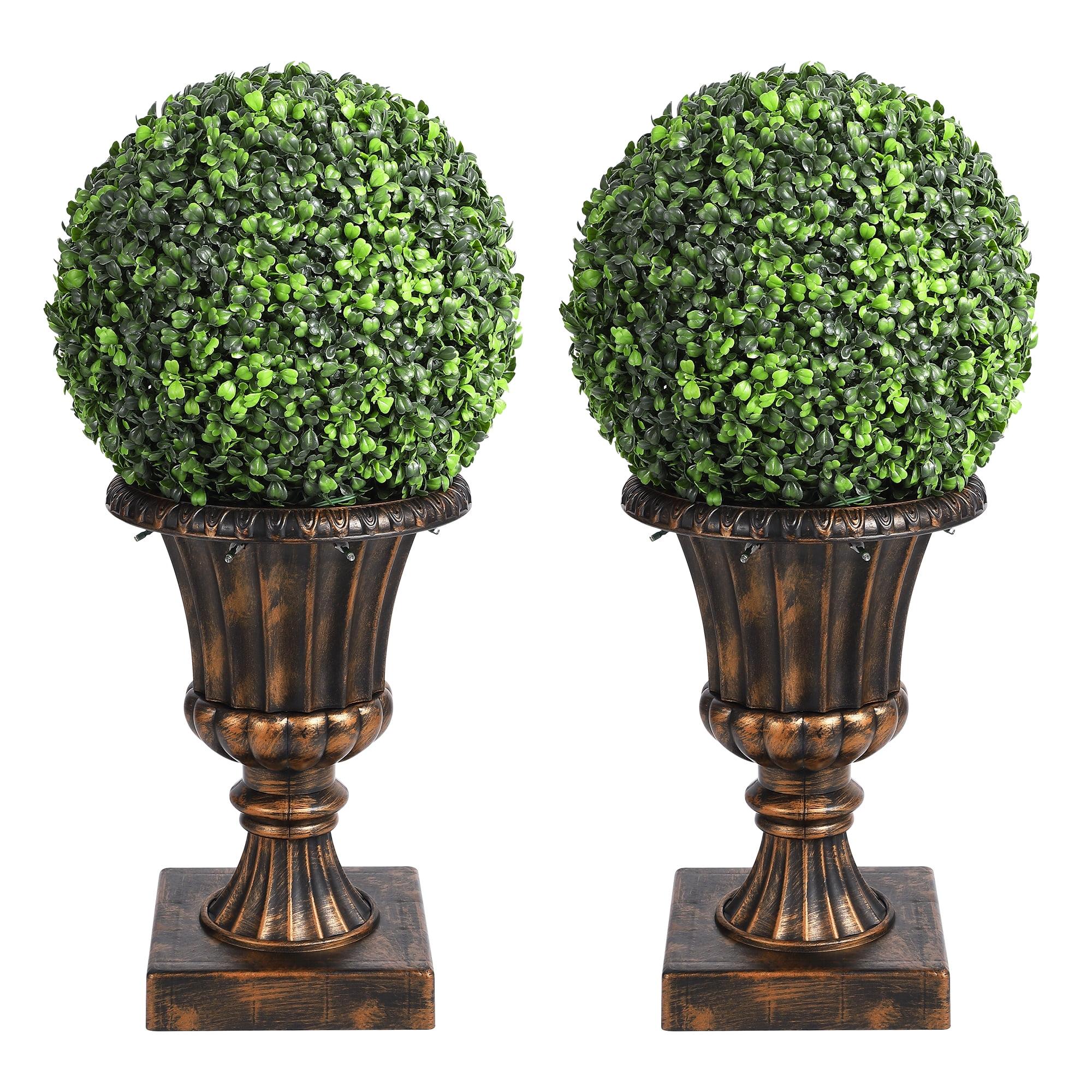 Yuan Home 2Pcs 12” Artificial Plant Topiary Ball With Pot, Faux Boxwood Balls With LED