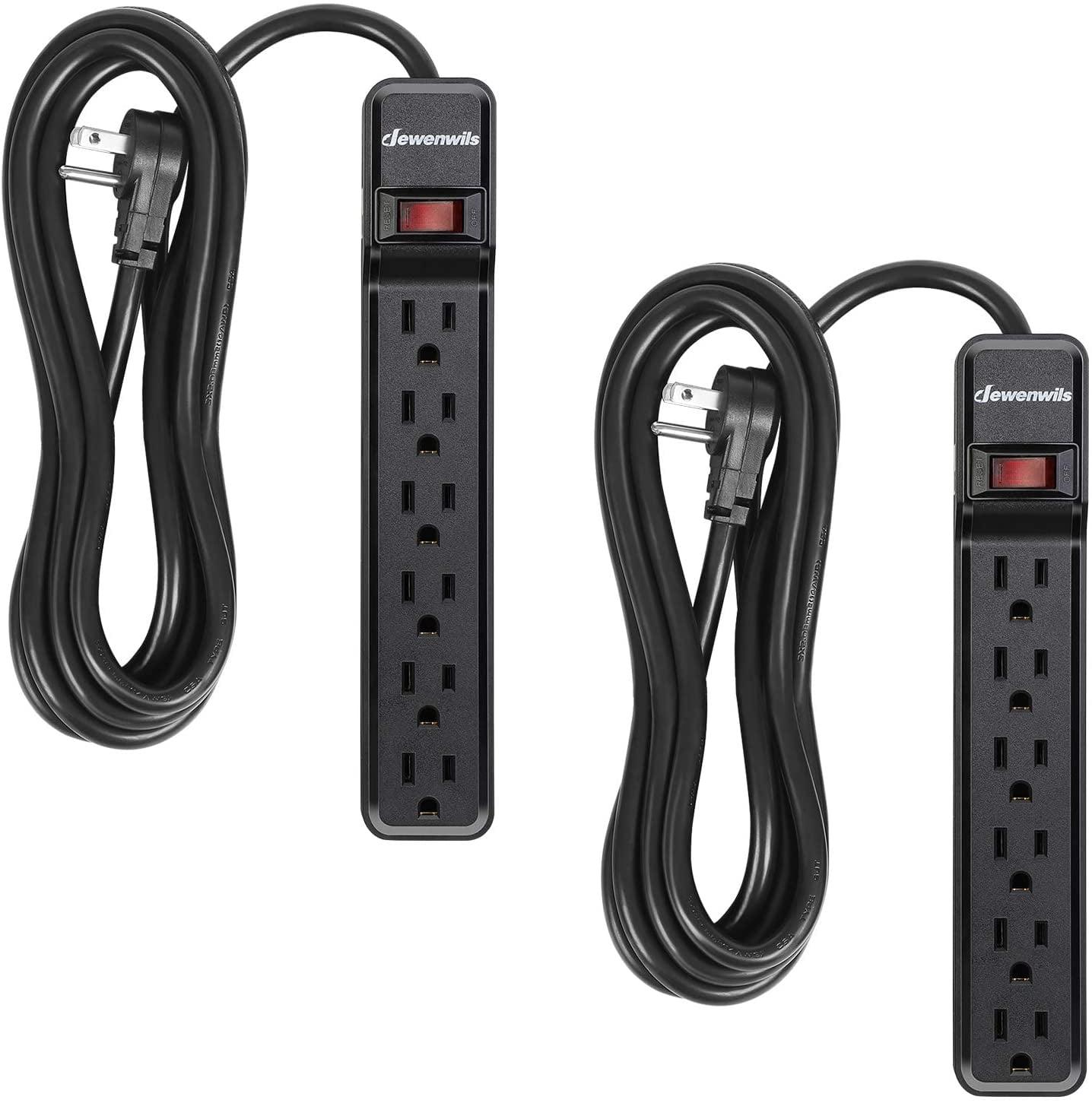 2-Pack 10ft Black Power Strip Surge Protector with Flat Plug