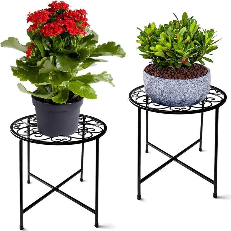 Black Metal 15" Tall Scroll Design Plant Stand, 2 Pack