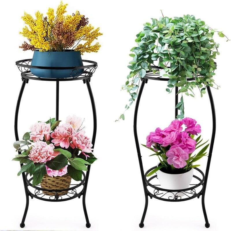 2 Pack Black Metal 2-Tier Indoor Outdoor Plant Stands