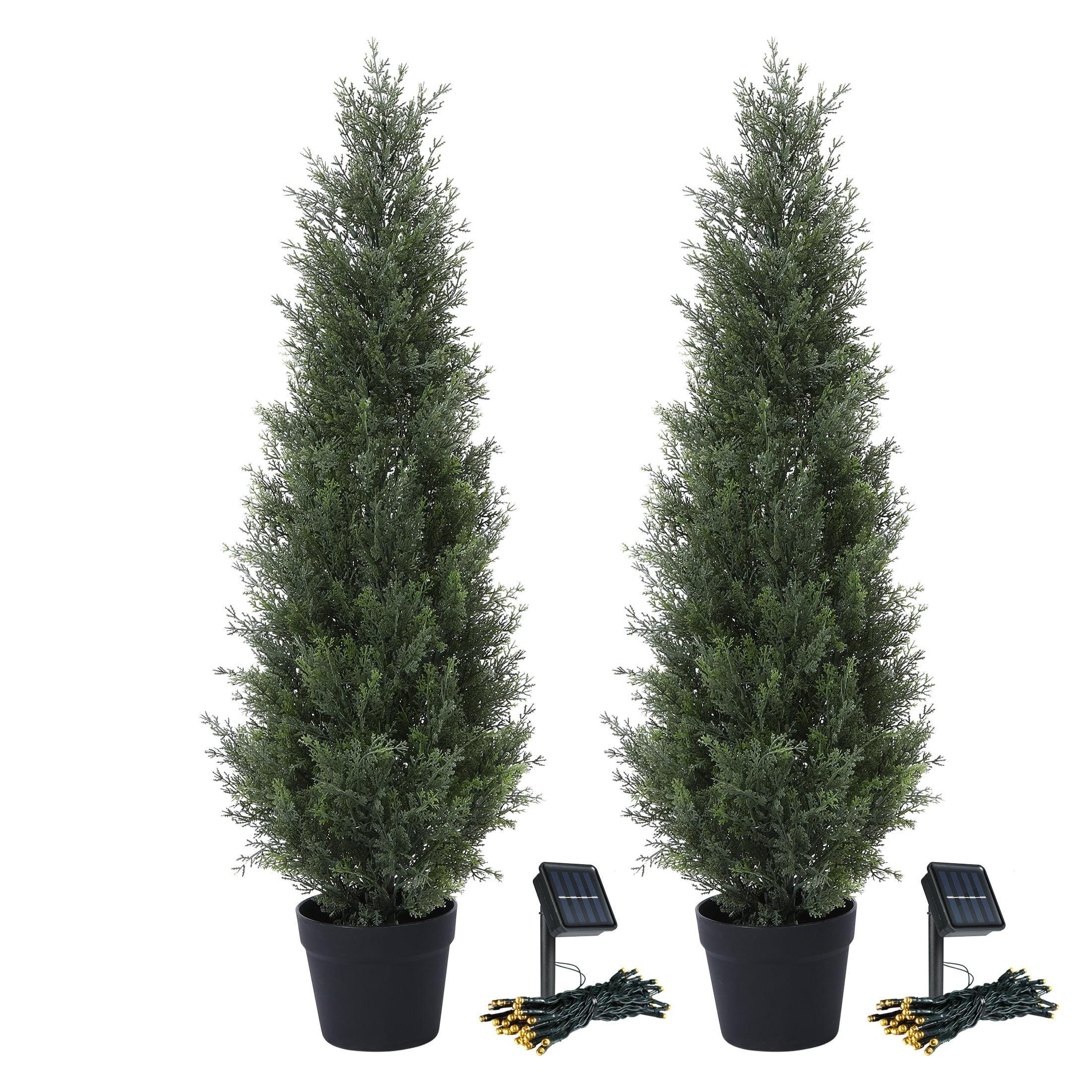 2 Pack 3ft Artificial Cedar Topiary Trees for Outdoors, Fake Cypress Plants with Solar Light String, Faux uv resistant Plants for Home Front Porch Decor, Housewarming Gift