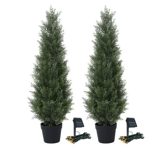 2 Pack 3ft Artificial Cedar Topiary Trees for Outdoors, Fake Cypress Plants with Solar Light String, Faux uv resistant Plants for Home Front Porch Decor, Housewarming Gift
