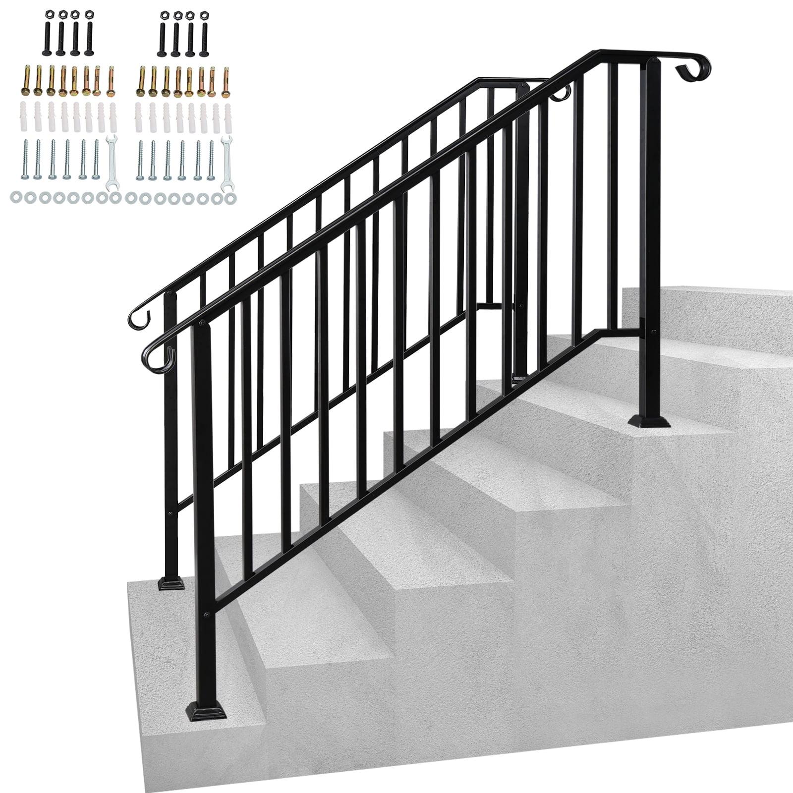 2 Pack 5 Step Handrails for Outdoor Steps, Wrought Iron Stair Railing Fits 4 or 5 Steps, Metal Hand Rail with Installation Kit, Staircase Handrails for Concrete, Porch, Deck, Exterior Steps, Black