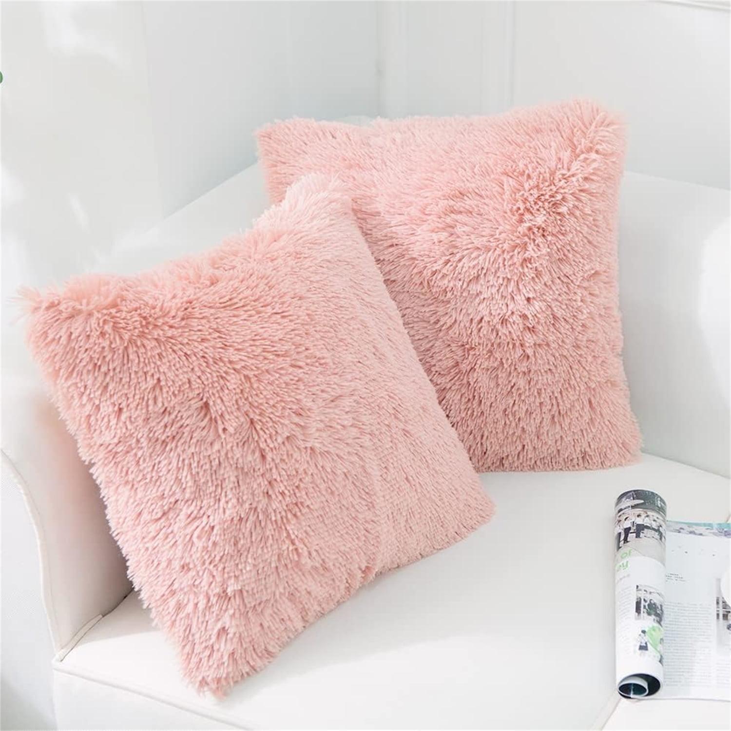 Set of 2 Fluffy Pillow Covers New Luxury Series Merino Style Blush Faux Fur Decorative Throw Pillow Covers Square Fuzzy Cushion Case 18x18 Inch