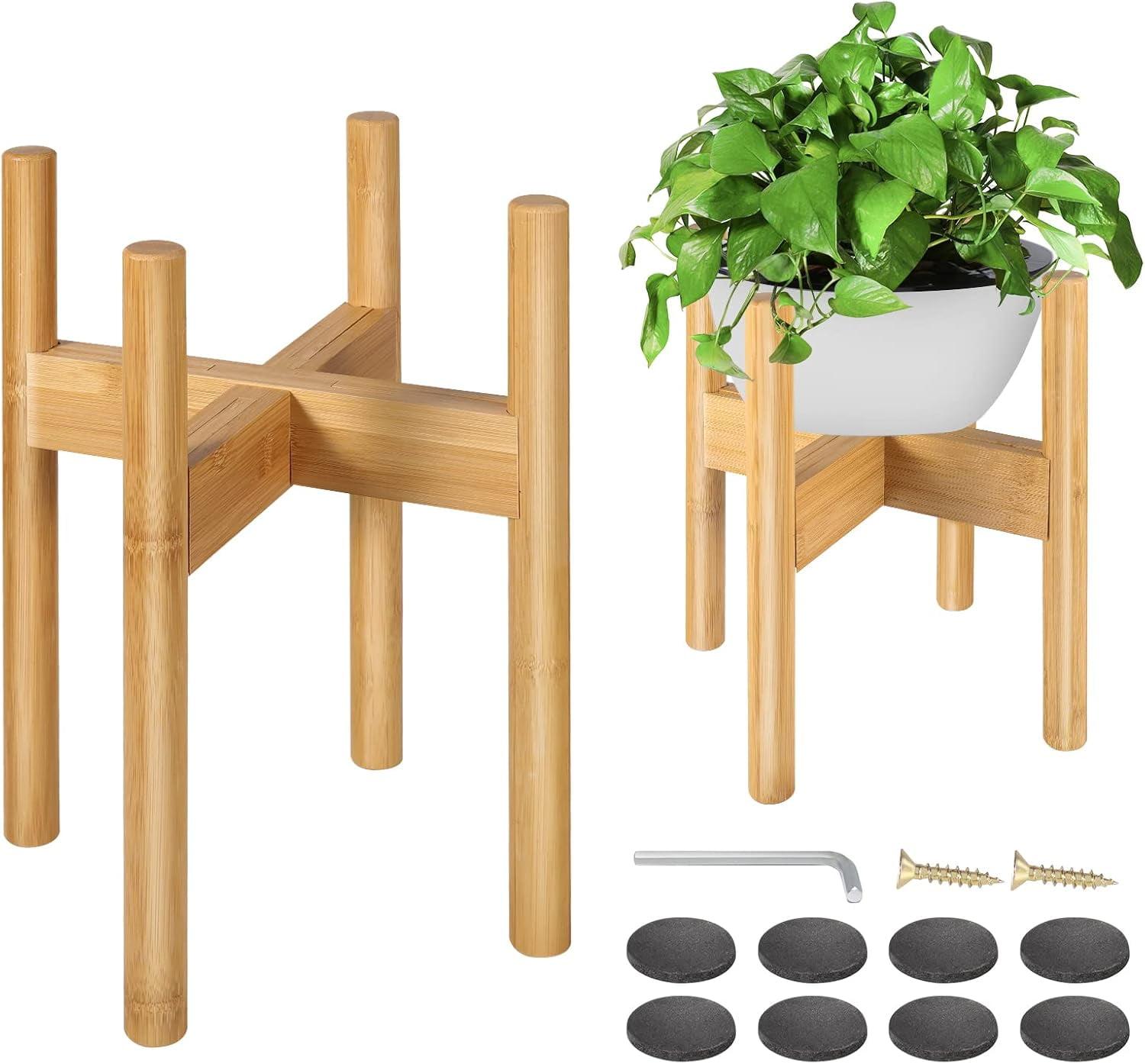 Adjustable Beige Bamboo Mid-Century Modern Plant Stands, Set of 2