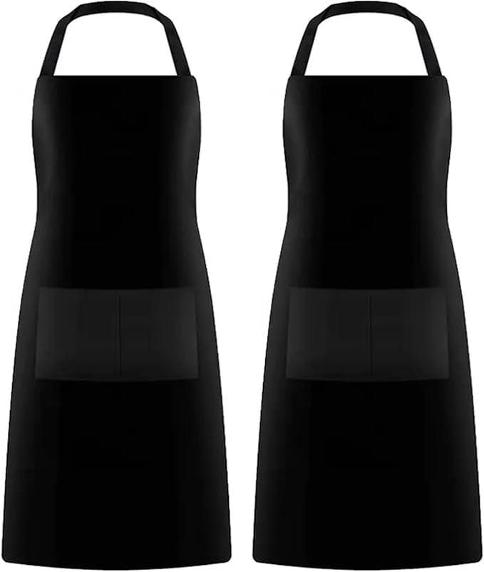 Black Polyester Unisex Bib Aprons with Pockets, 2-Pack