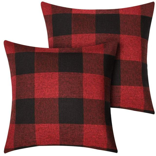 2 Pack Christmas Pillow Covers Buffalo Check Plaid Throw Decorative Cushion Case Polyester for Farmhouse Home Decor Red and Black, 18" x 18"