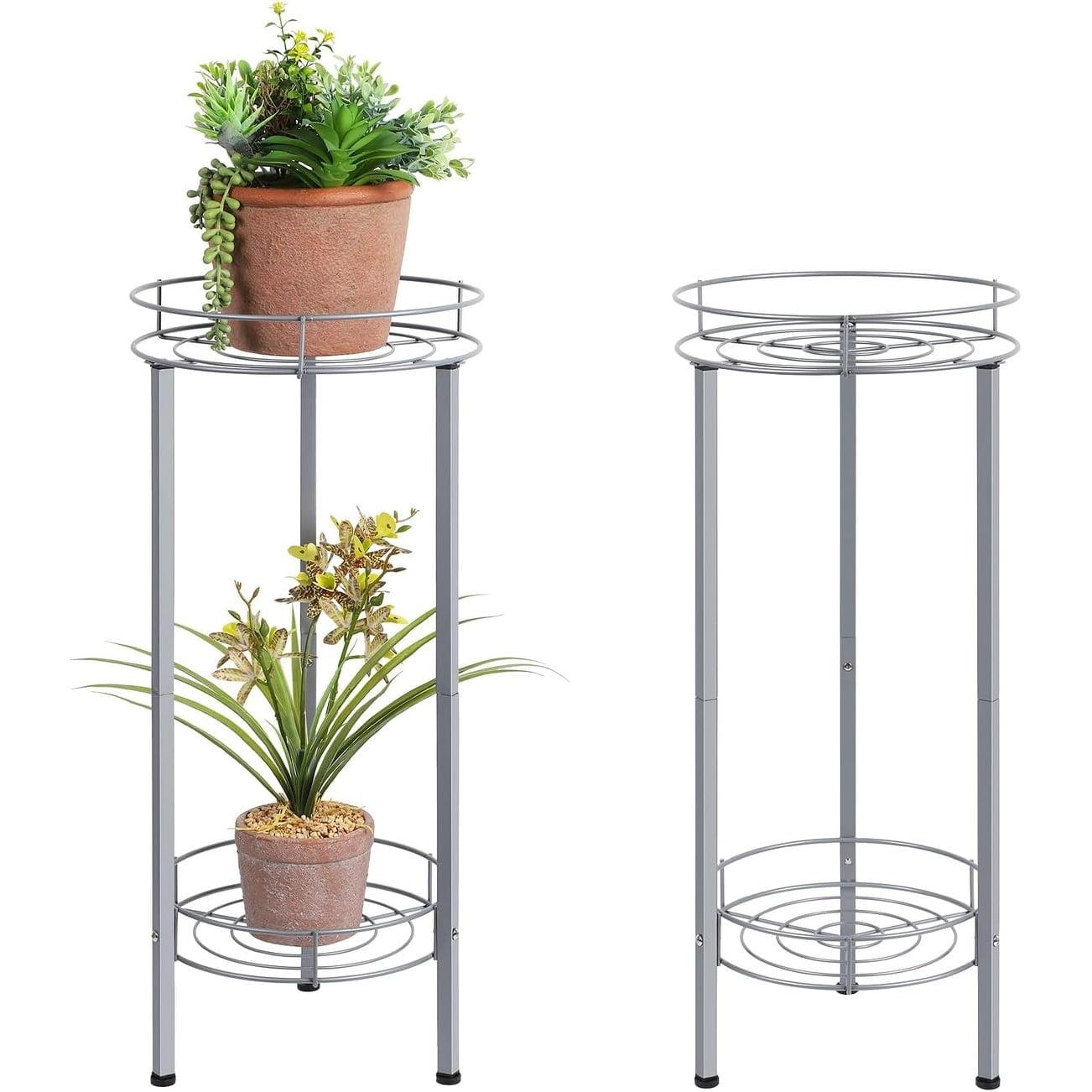 Silver 2-Tier Metal Plant Stand Set of 2