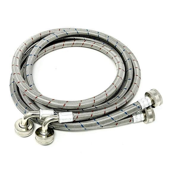 2-Pack Premium Stainless Steel Washing Machine Hoses - 5 FT No-Lead Burst Proof Red and Blue Lined Water Inlet Supply Lines - Universal 90 Degree Elbow Connection