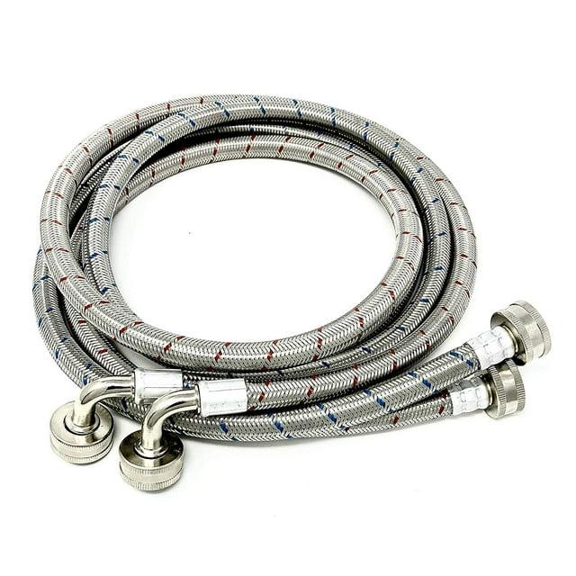 2-Pack Premium Stainless Steel Washing Machine Hoses - 5 FT No-Lead Burst Proof Red and Blue Lined Water Inlet Supply Lines - Universal 90 Degree Elbow Connection
