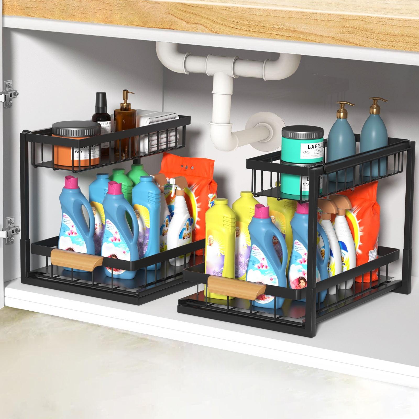 Black Metal 2-Tier Under Sink Organizer with Sliding Drawer, 2 Pack