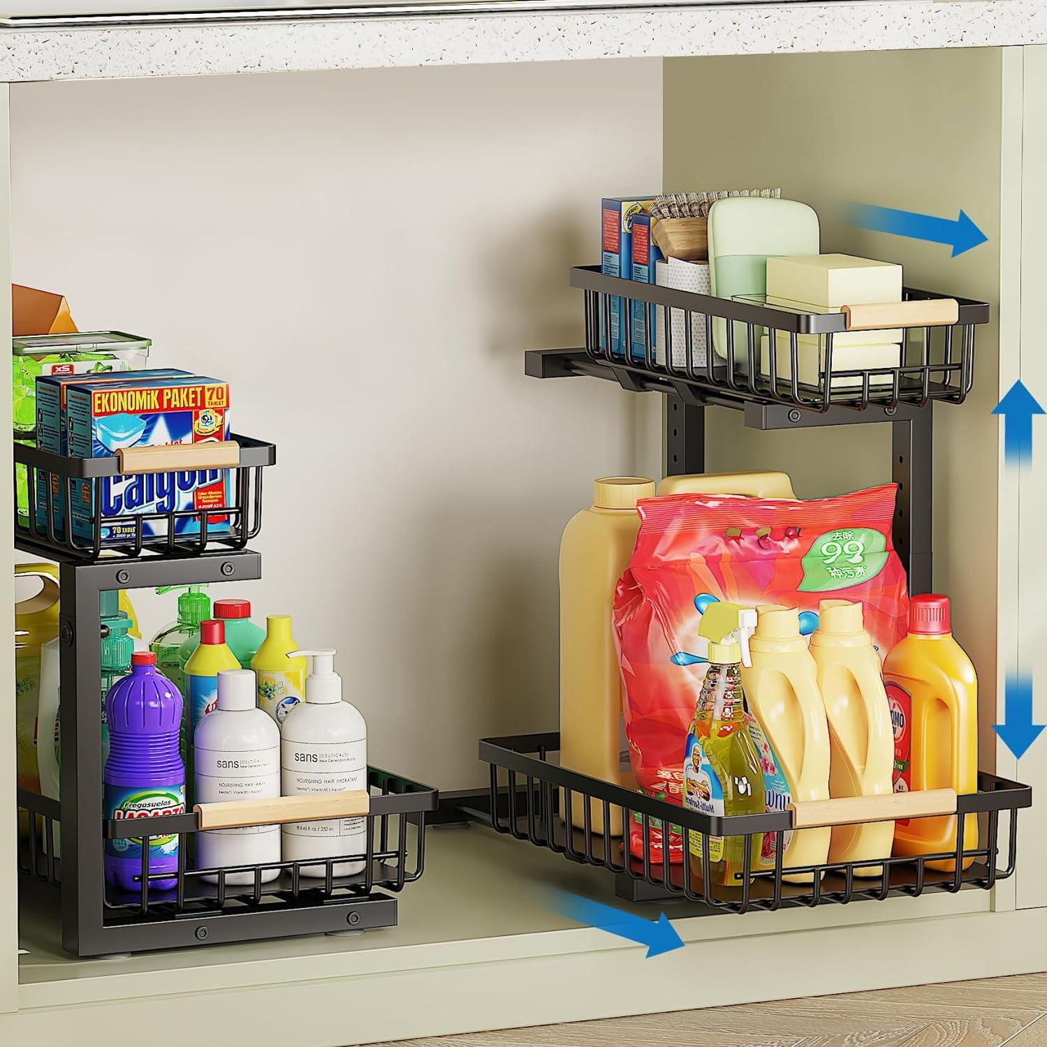 Black Adjustable 2-Tier Under Sink Metal Organizer Rack