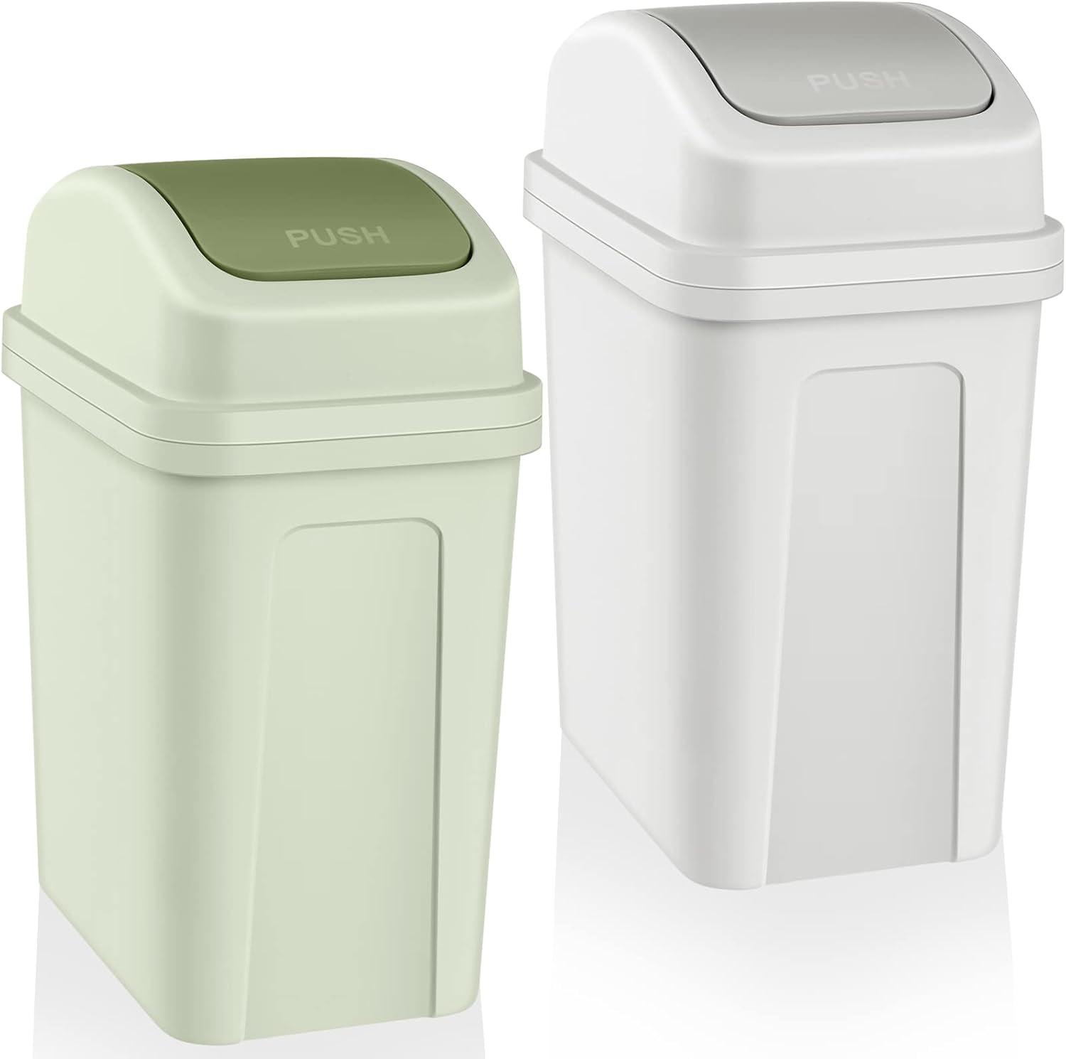 2 Pcs Bathroom Trash Can with Swing Lid Small Garbage Can Plastic Bathroom Trashcan Garbage Bin for Kitchen Waste Bedroom Room Outdoor (Green and Beige, 2.6 Gallon)