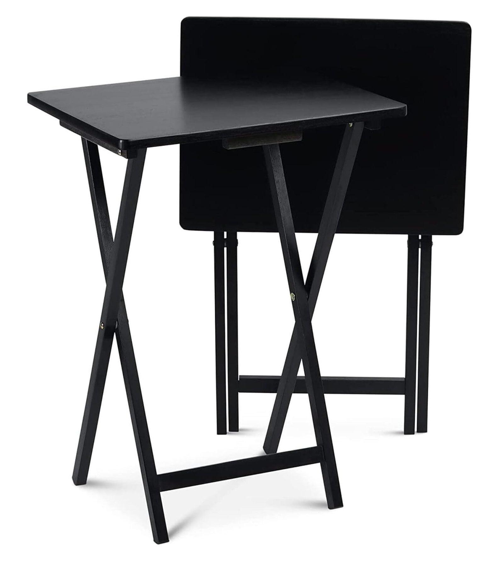 Black Solid Wood Folding TV Tray Tables Set with Storage Rack