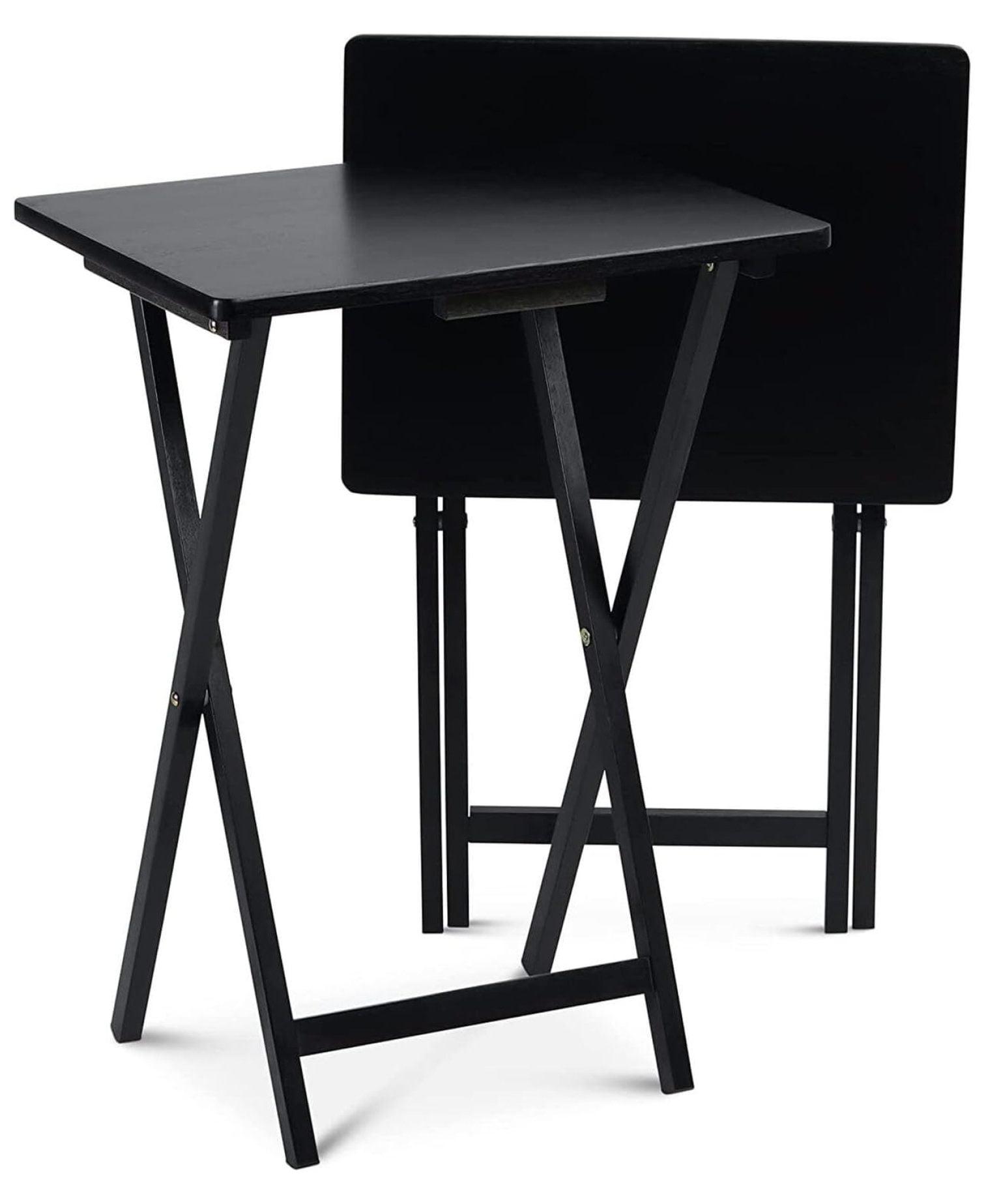 Black Solid Wood Folding TV Tray Tables Set with Storage Rack