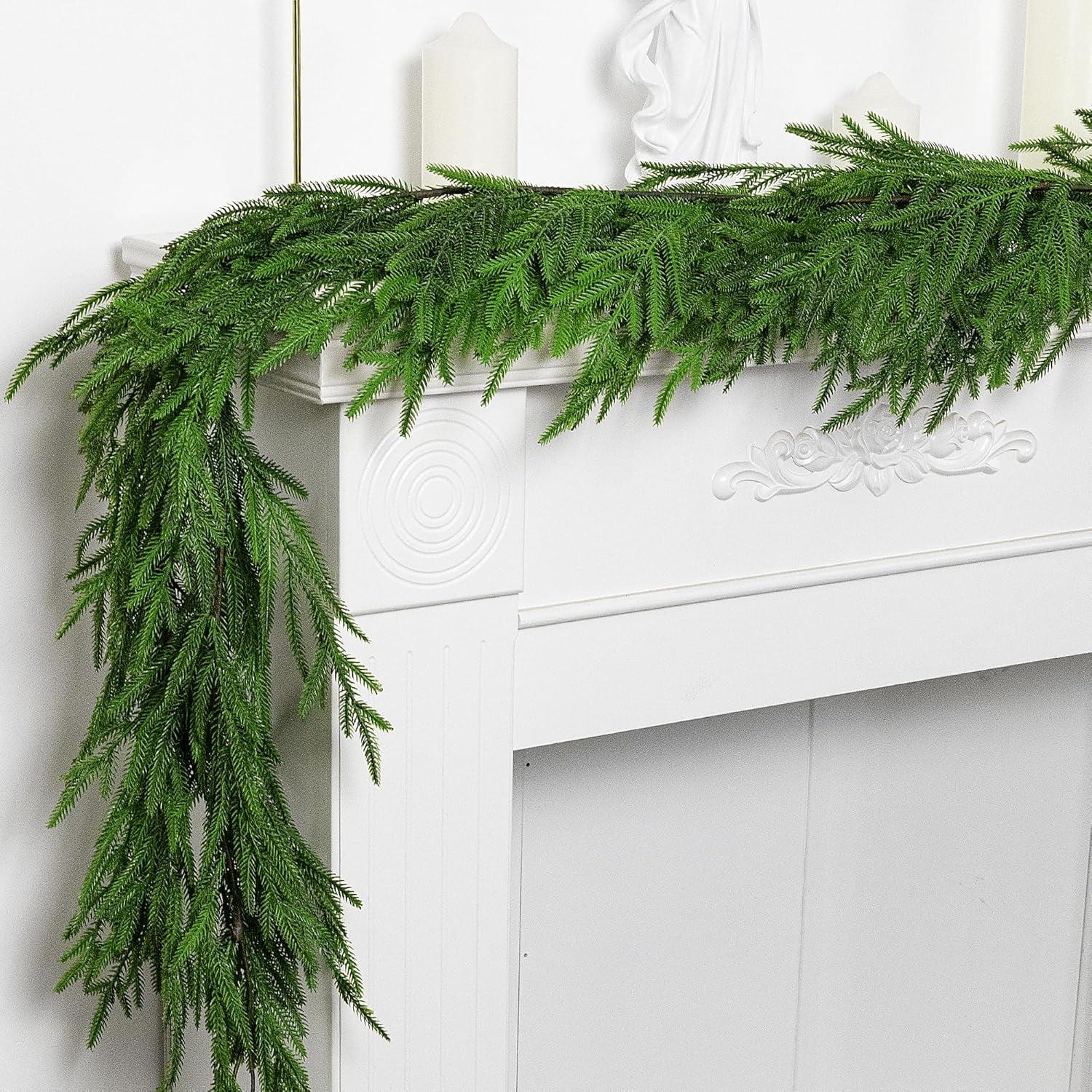 Seasonal Offers 2 Pcs Artificial Norfolk Pine Garlands, Real Touch Winter Pine Garland, Green Artificial Greenery Garland for Table, Mantle, Wall, Indoor, Outdoor Christmas Decorations (2, 6 FT)