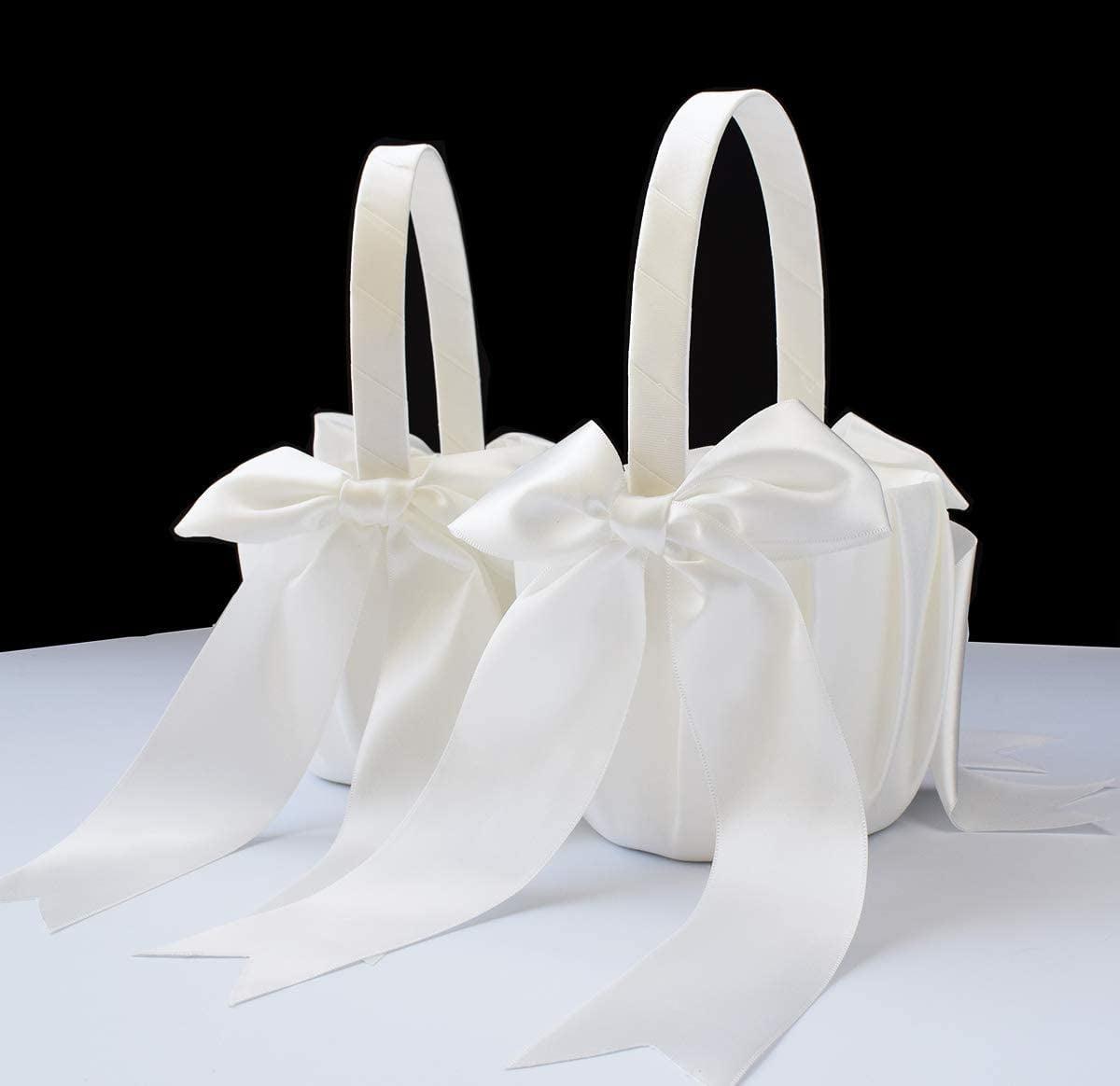 Ivory Satin Flower Girl Baskets Set with Bows, 2 Pieces