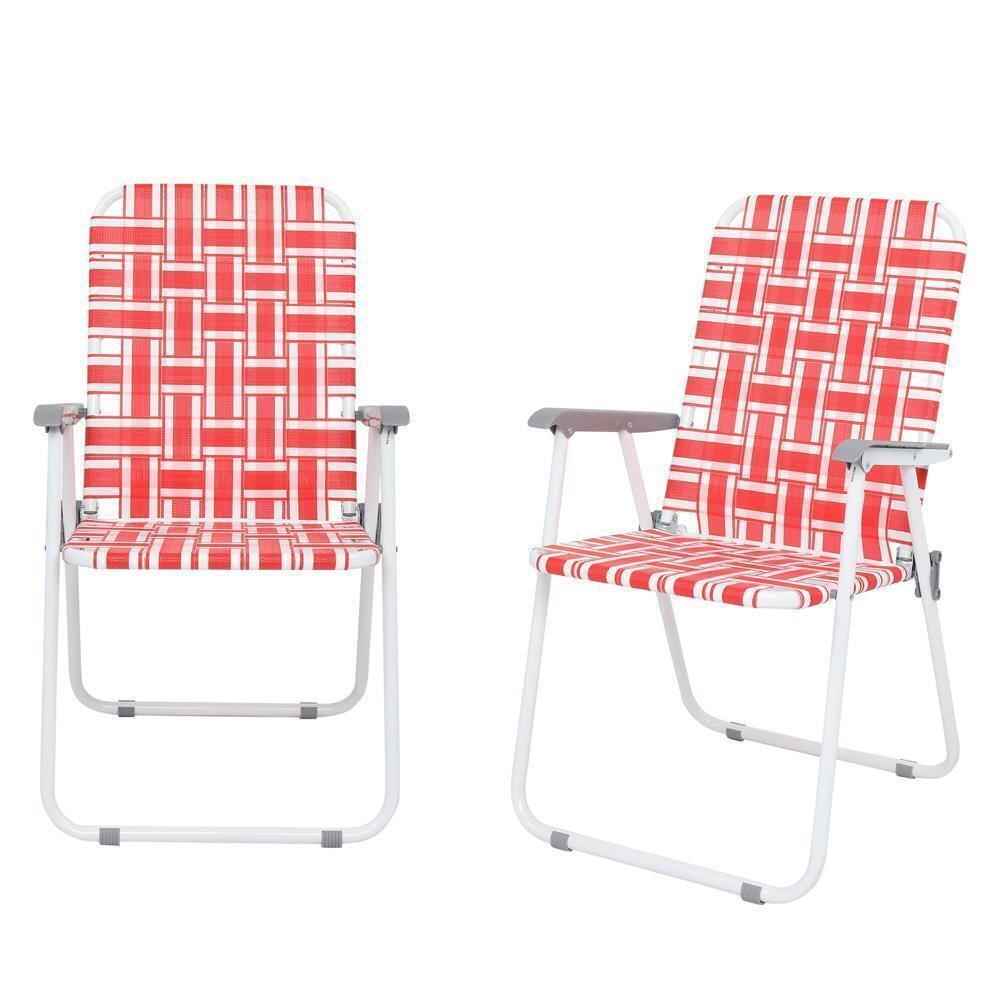 Red and White Steel Frame Folding Beach Chair Set