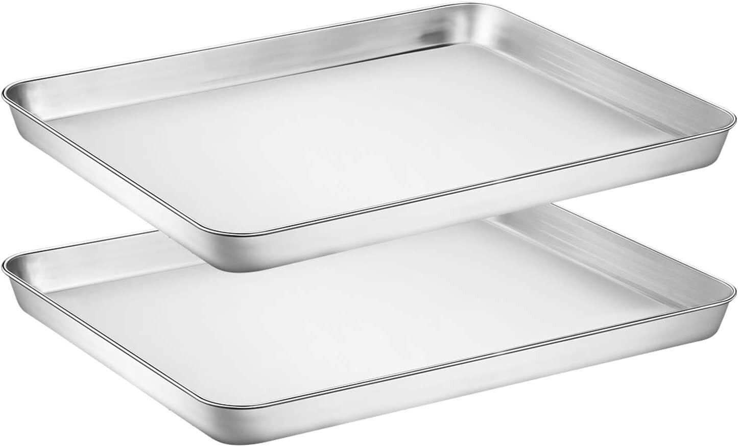 Stainless Steel Baking Pan Large Cookie Sheet Set Toaster Oven Tray Pans Superior Mirror Finish Easy Clean Dishwasher Safe 12 x 10 1 inch 2 Piece set