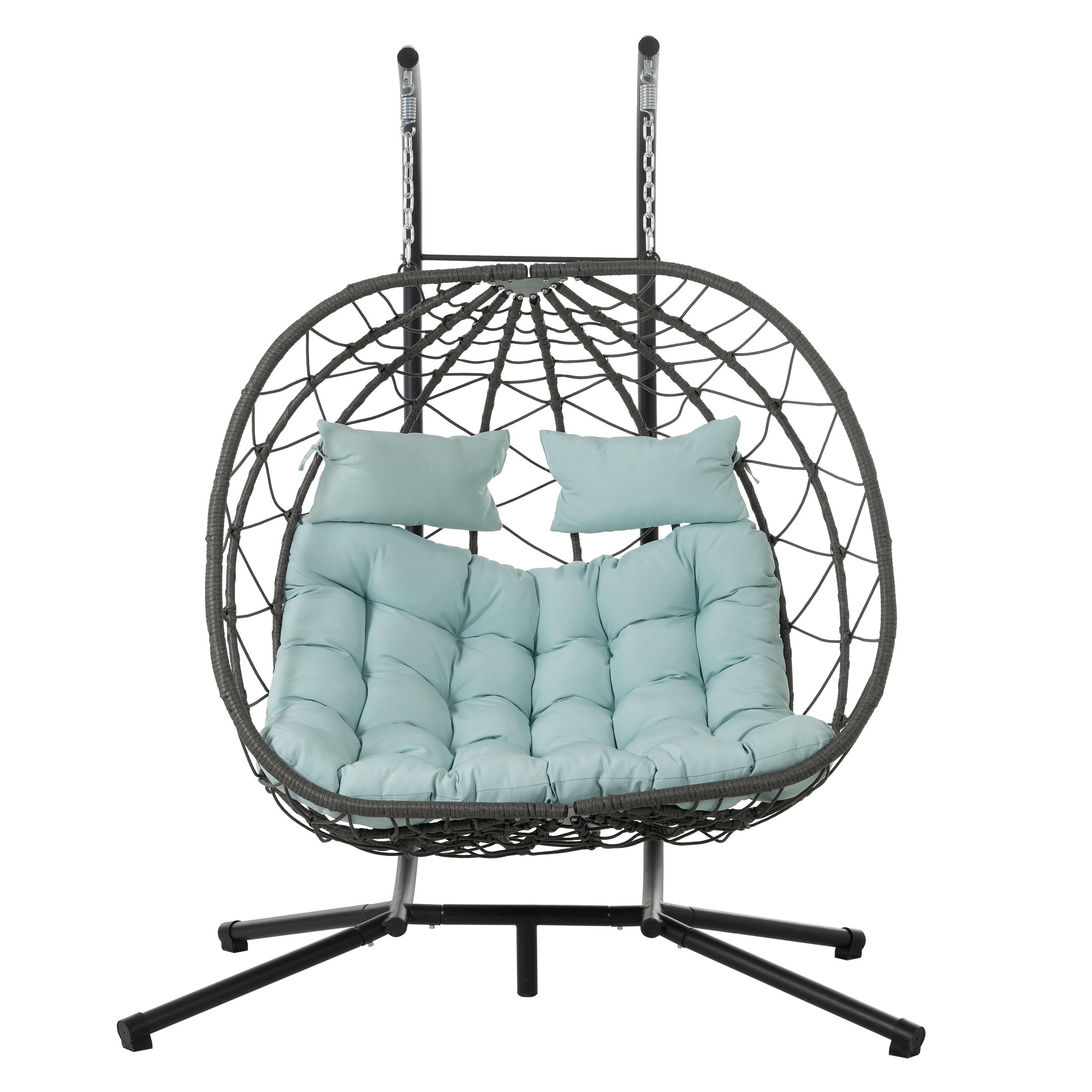 Gray Steel 2-Person Egg Chair with Blue Cushions