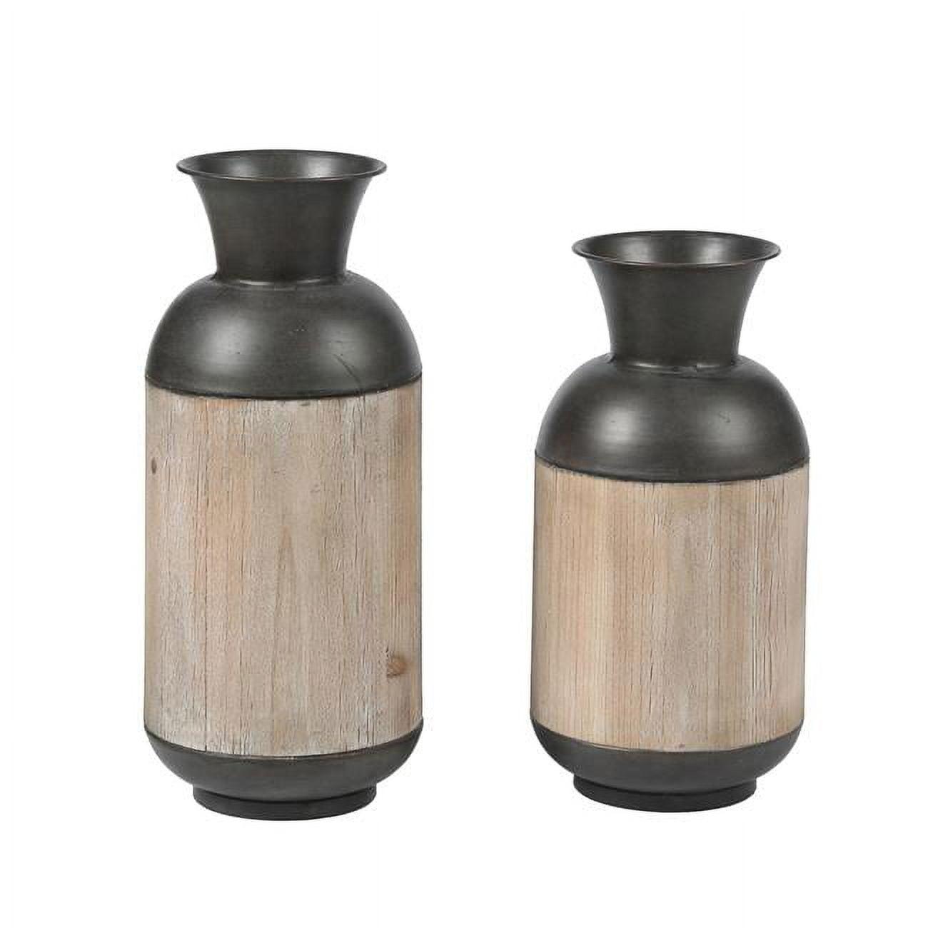 Rustic Charm Dark Brown Metal & Natural Fir Wood Vase Set