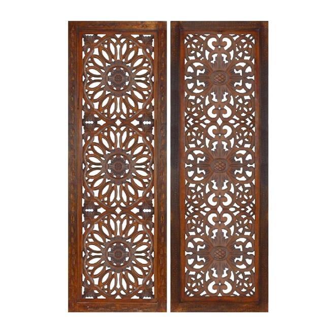 2 Piece Mango Wood Wall Panel Set with Mendallion Carving in Burnt Brown