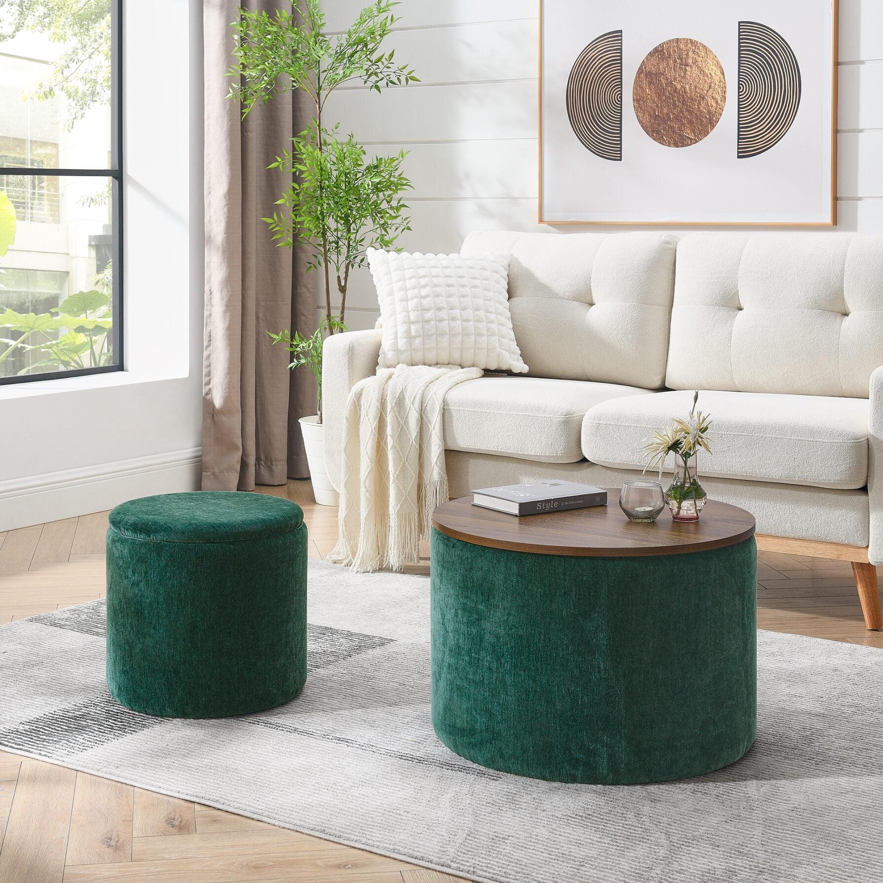 2-Piece Set Storage Ottoman, Round Chenille Makeup Vanity Stool Chair with Storage Space, for Serving as a Living Room Footstool, Coffee Table and Additional Seats, Dark Green