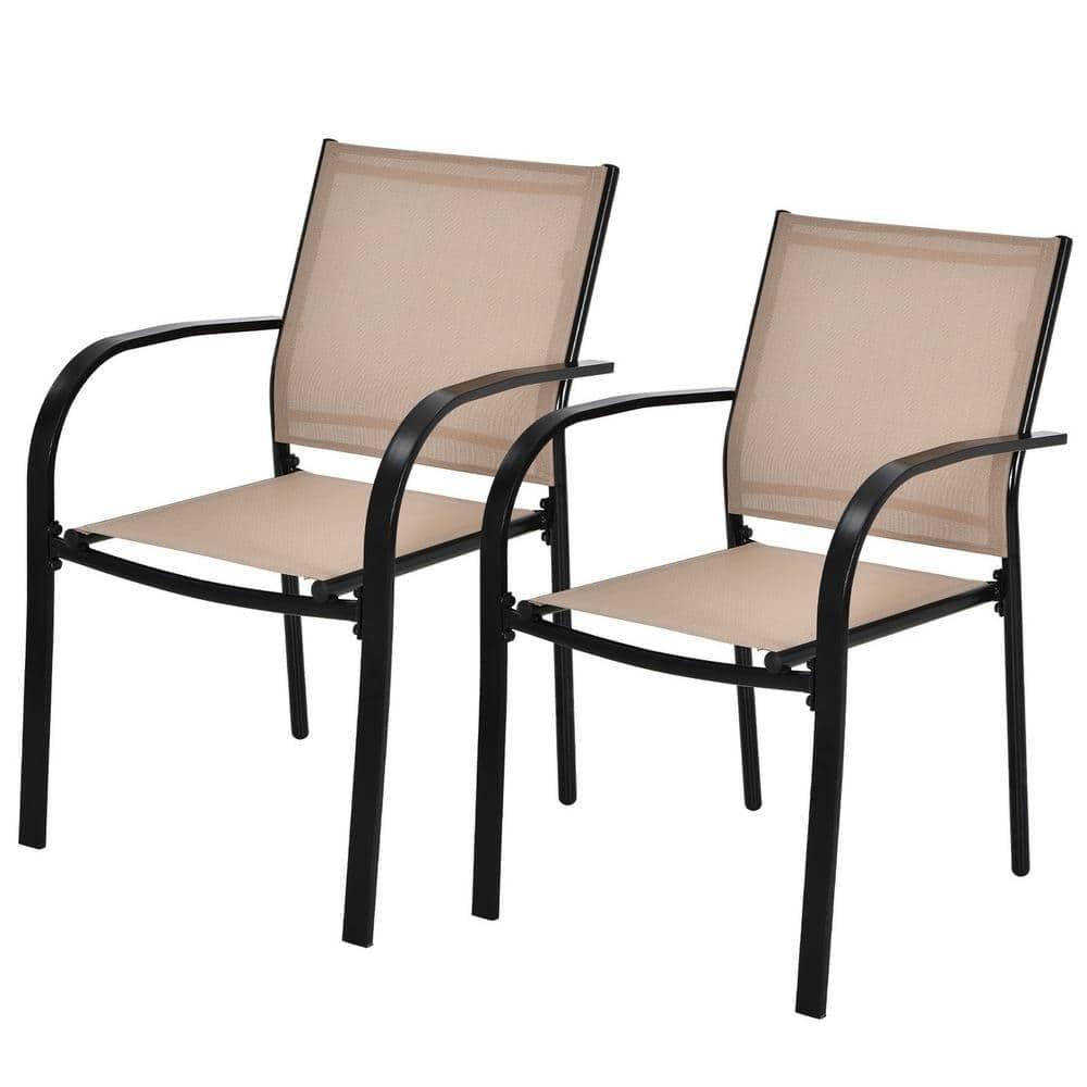 Set of 2 Black Steel and Brown Fabric Stackable Outdoor Dining Chairs