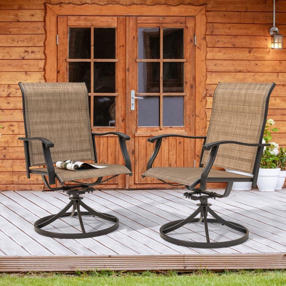 Brown 2-Piece Swivel Steel Sling Outdoor Patio Dining Chairs