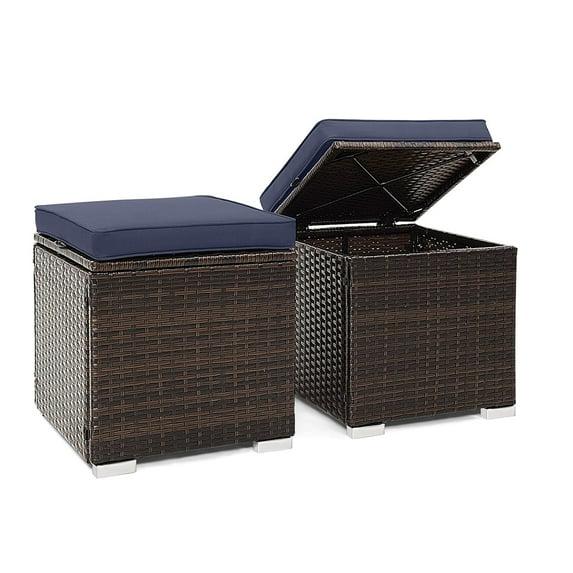 Navy Cushioned PE Rattan Storage Ottomans Set