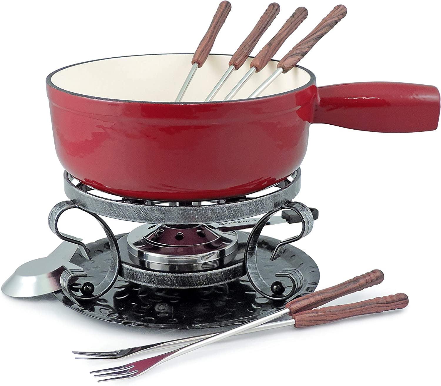 Swissmar Swissmar Lugano 2-Quart Cast Iron Cheese Fondue Set, 9-Piece, Cherry Red