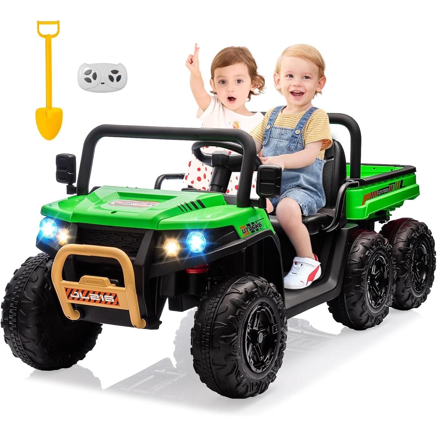 24V Ride on Toys with Remote Control, 2 Seater Electric Powered Ride on Dump Truck , 4WD 6-Wheel UTV Car w/ Tipping Bucket Trailer, Shovel, Suspension, Bluetooth Music, Big Kids, Green